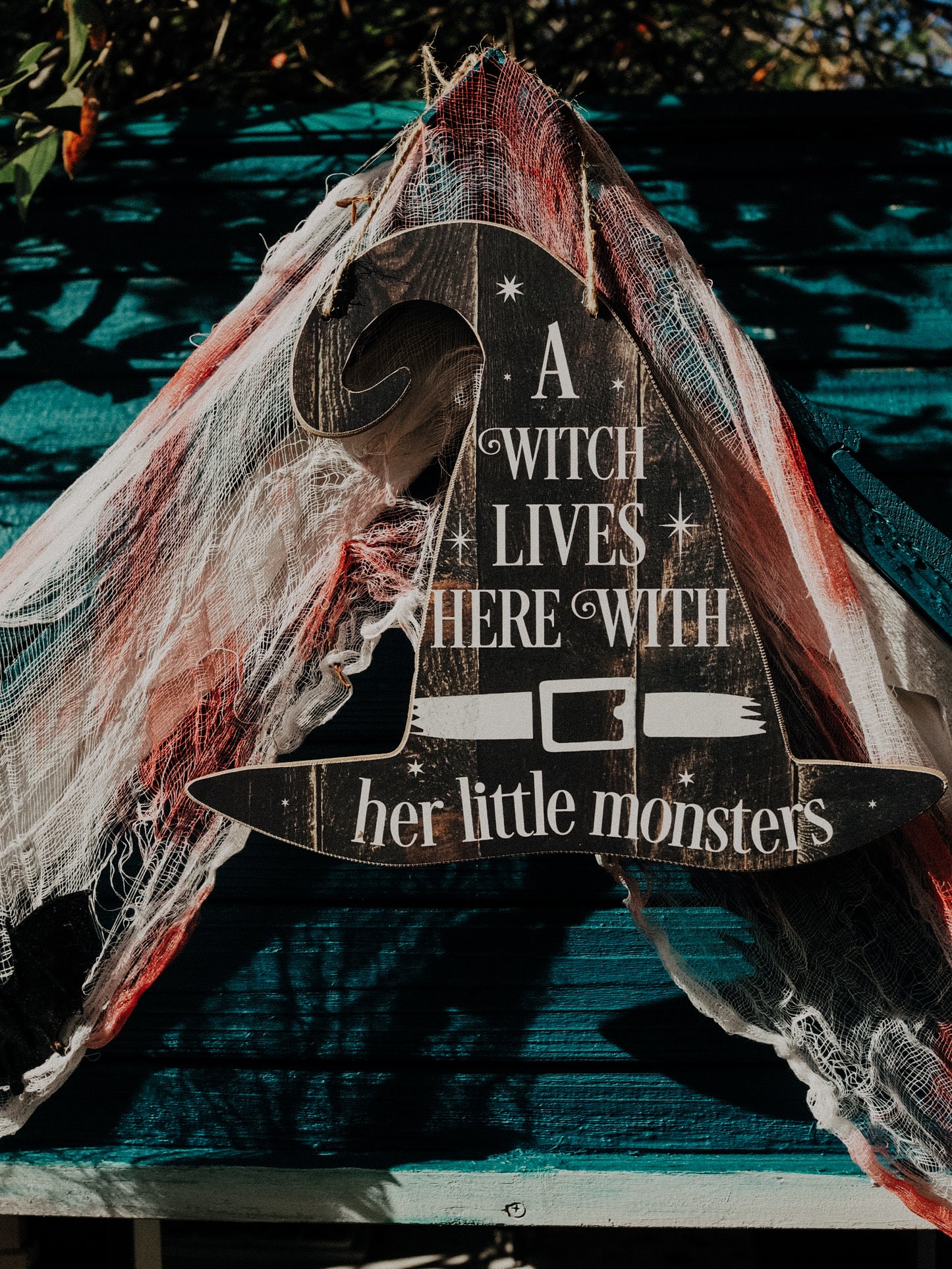 A Witch Lives Here Hanging MDF Sign